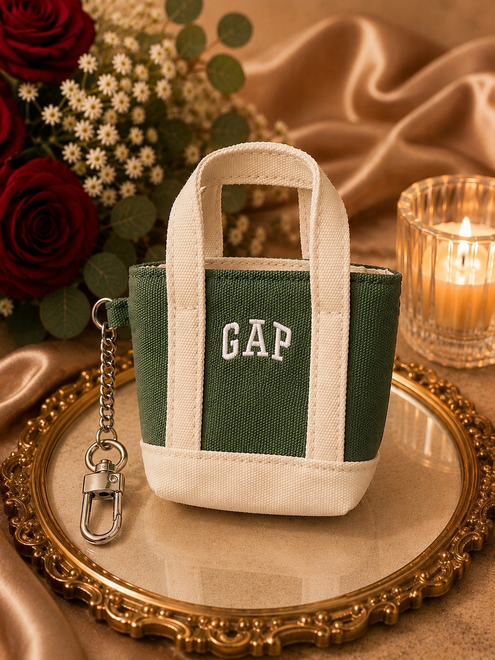 GAP Green and Cream Canvas Mini Tote Keychain
